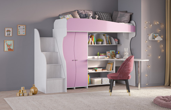 Hochbett ALFA mit Schreibtisch und Kleiderschrank, rosa